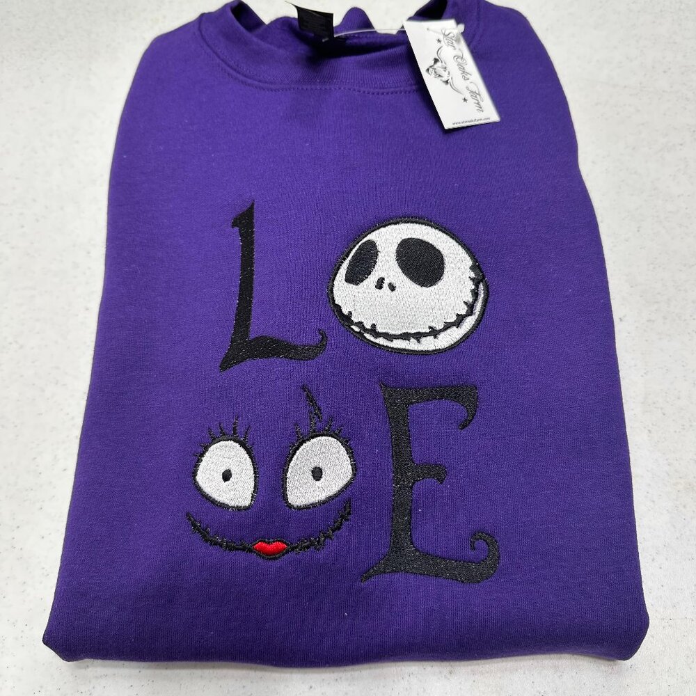 Nightmare Before Christmas Sweatshirt Jack Sally LOVE Embroidered Adult Crewneck